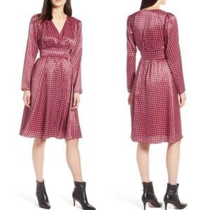 NEW Halogen Peacock Satin Long Sleeve Dress in Red Size 4